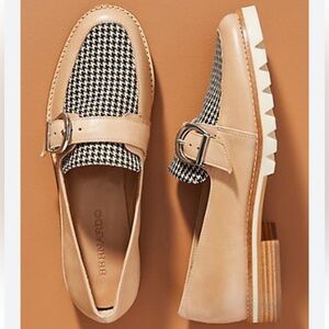 Bernardo Octavia Loafers, Leather Slip On Houndstooth Black White Tan Buckle